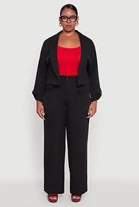 Plus Crepe Knit Cropped Long Sleeve Collared Blazer