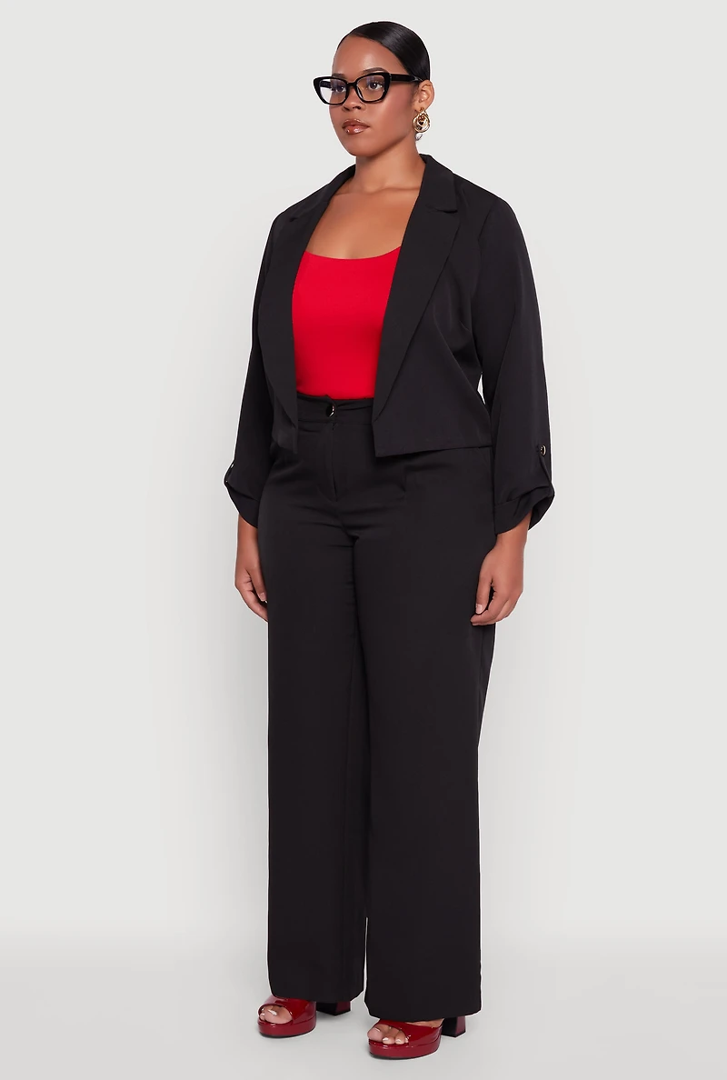 Womens Plus Crepe Knit Cropped Long Sleeve Collared Blazer, 1X