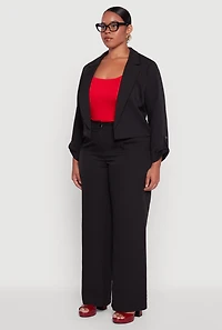 Plus Crepe Knit Cropped Long Sleeve Collared Blazer