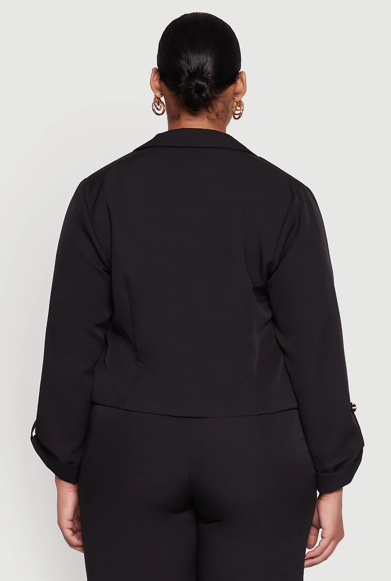 Plus Crepe Knit Cropped Long Sleeve Collared Blazer