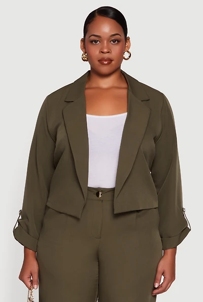 Womens Plus Size Crepe Knit Cropped Long Sleeve Collared Blazer, Green, Size 2X