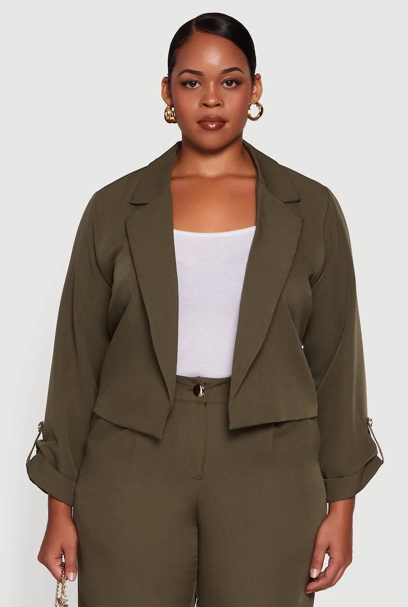 Womens Plus Size Crepe Knit Cropped Long Sleeve Collared Blazer, Green, Size 3X