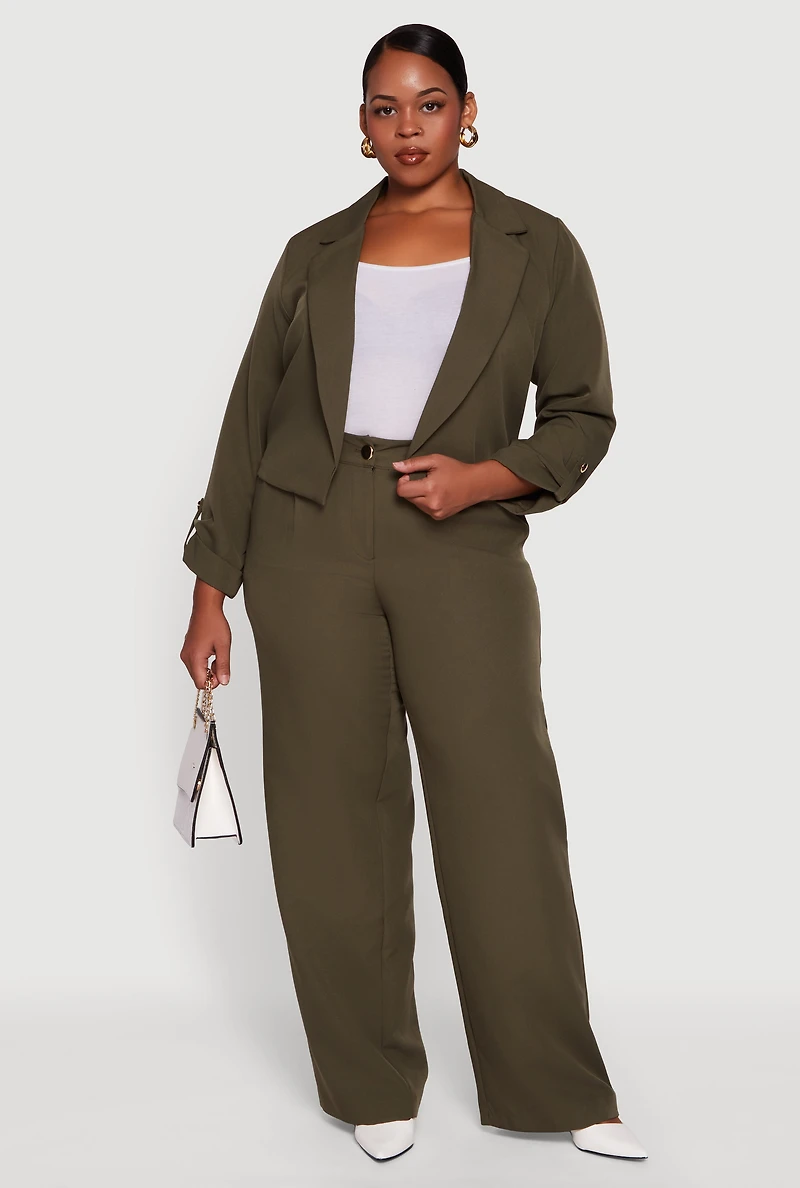 Womens Plus Size Crepe Knit Cropped Long Sleeve Collared Blazer, Green, Size 2X