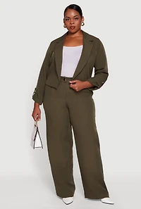 Womens Plus Size Crepe Knit Cropped Long Sleeve Collared Blazer, Green, Size 2X