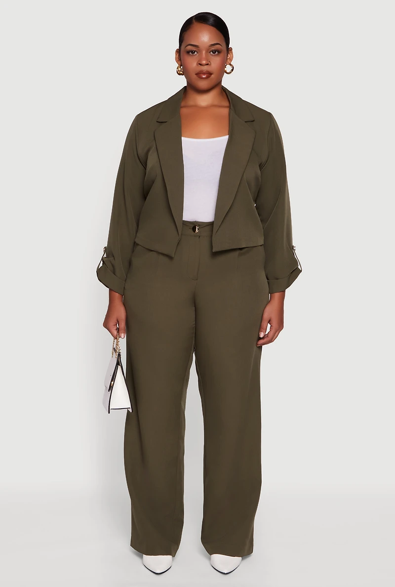 Womens Plus Size Crepe Knit Cropped Long Sleeve Collared Blazer, Green, Size 2X
