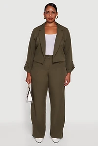 Womens Plus Size Crepe Knit Cropped Long Sleeve Collared Blazer, Green, Size 2X