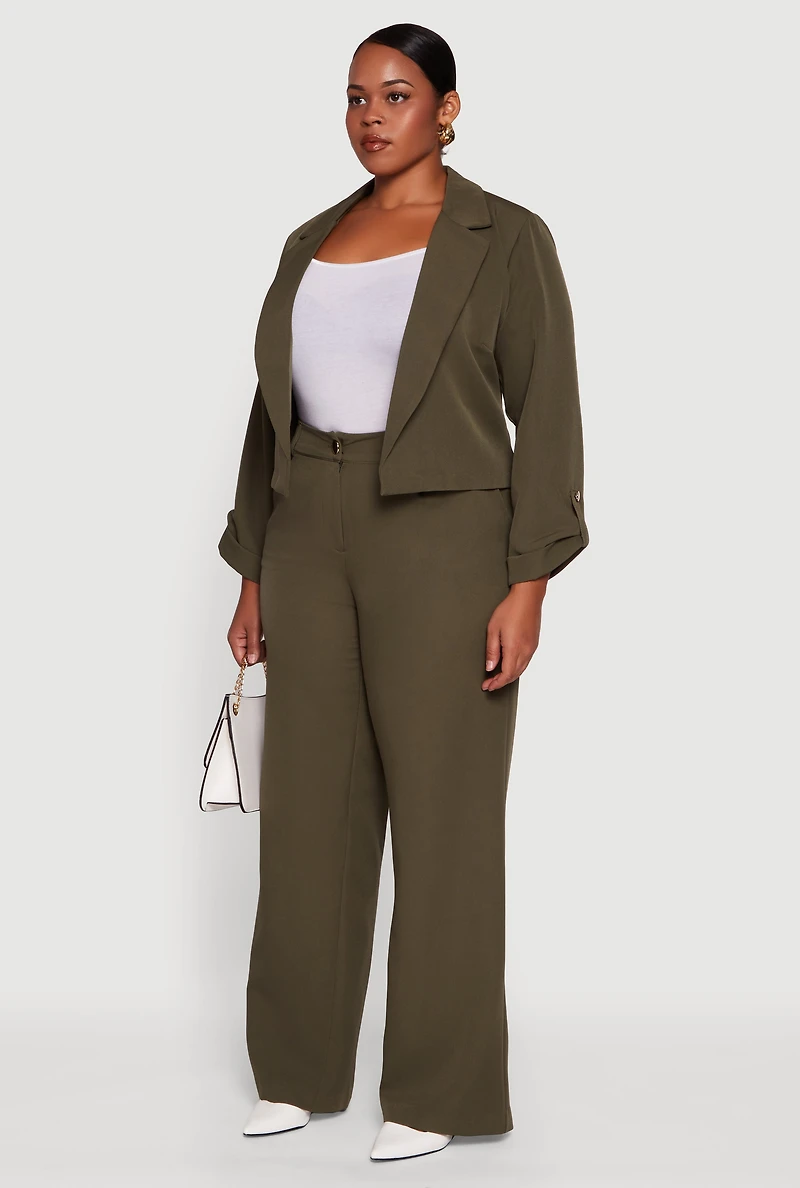 Womens Plus Size Crepe Knit Cropped Long Sleeve Collared Blazer, Green, Size 3X