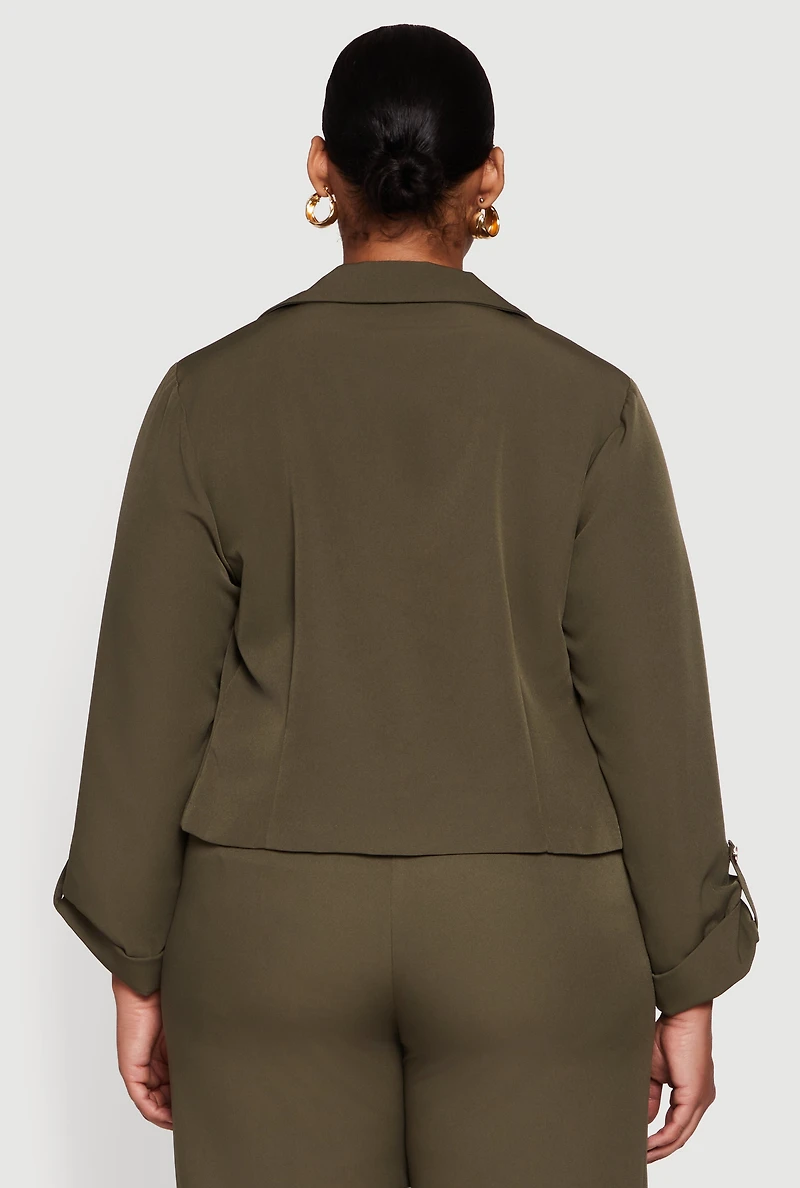 Womens Plus Crepe Knit Cropped Long Sleeve Collared Blazer, Green,