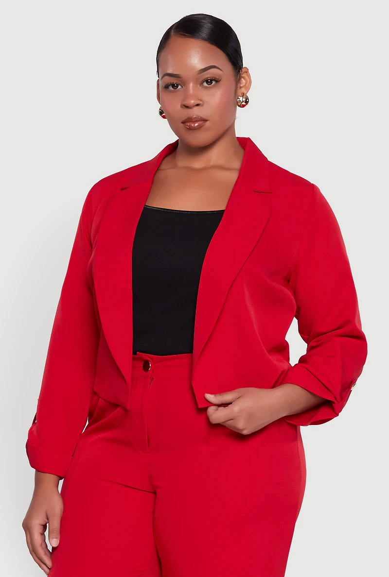 Womens Plus Crepe Knit Cropped Long Sleeve Collared Blazer, Red,