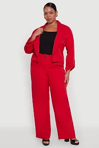 Womens Plus Crepe Knit Cropped Long Sleeve Collared Blazer, Red,
