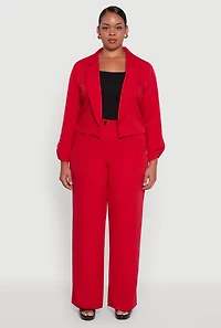Womens Plus Size Crepe Knit Cropped Long Sleeve Collared Blazer, Red, Size 1X