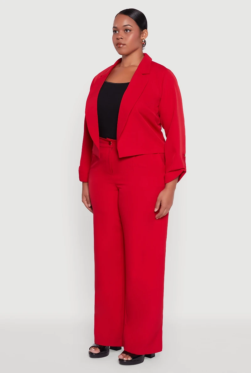 Womens Plus Crepe Knit Cropped Long Sleeve Collared Blazer, Red,