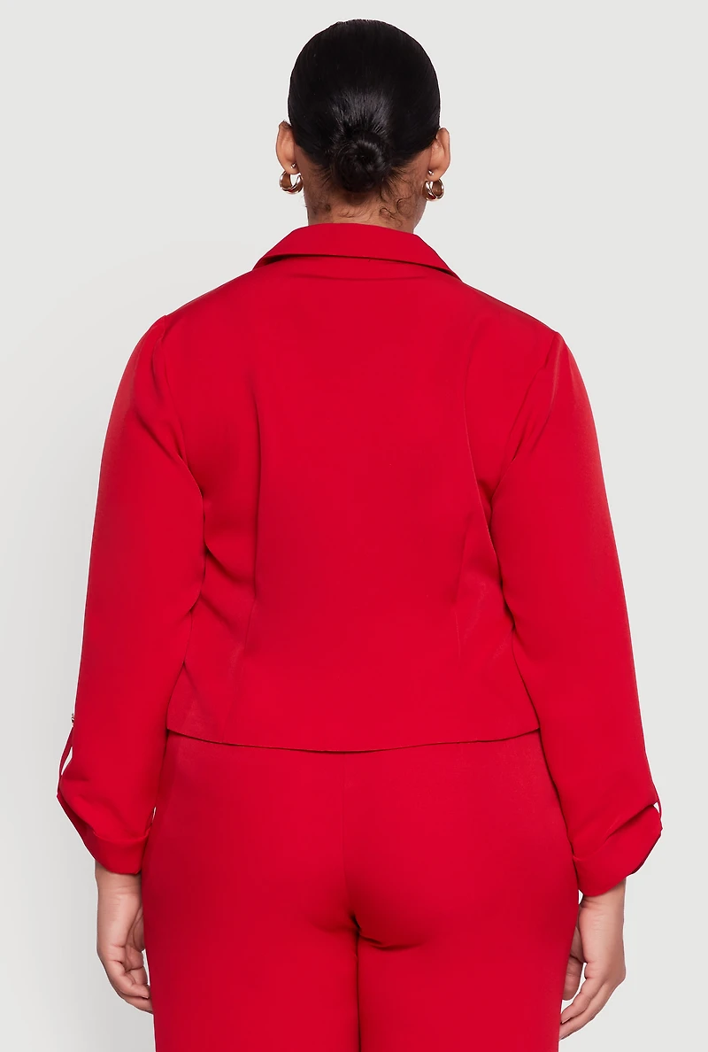 Plus Crepe Knit Cropped Long Sleeve Collared Blazer