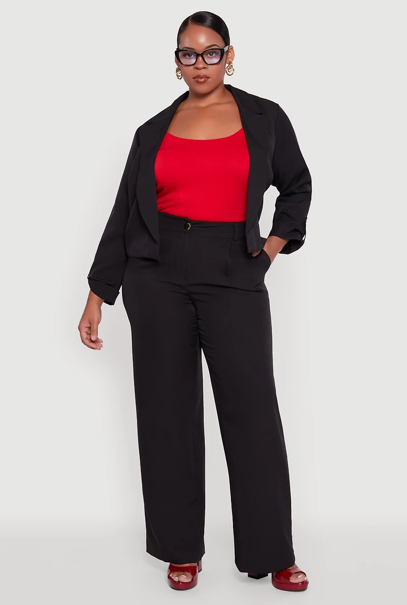 Womens Plus Size Crepe Knit Wide Leg Dress Pants, Black, Size 2X
