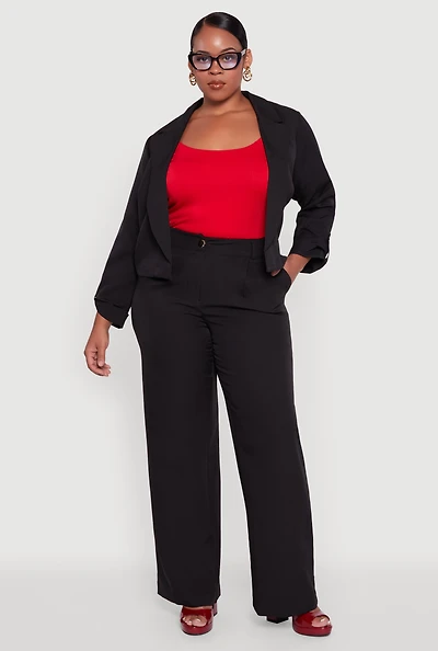 Womens Plus Size Crepe Knit Wide Leg Dress Pants, Black, Size 1X