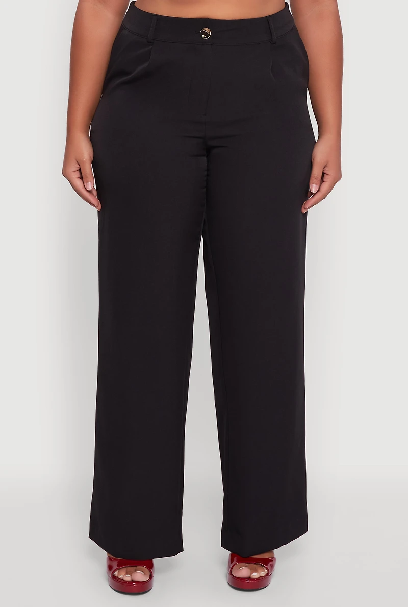 Womens Plus Size Crepe Knit Wide Leg Dress Pants, Black, Size 2X