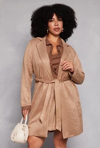 Womens Plus Size Faux Suede Wrap Coat, Beige, Size 1X
