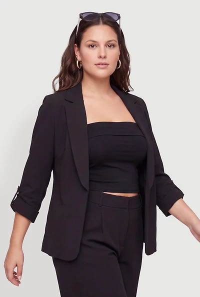 Plus Crepe Knit Tab Sleeve Open Front Blazer