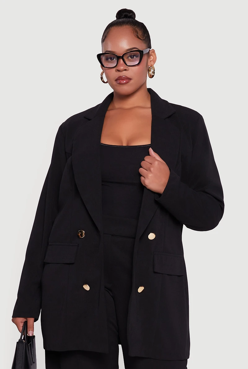 Womens Plus Size Oversized Shoulder Padded Crepe Knit Blazer, Black, Size 2X