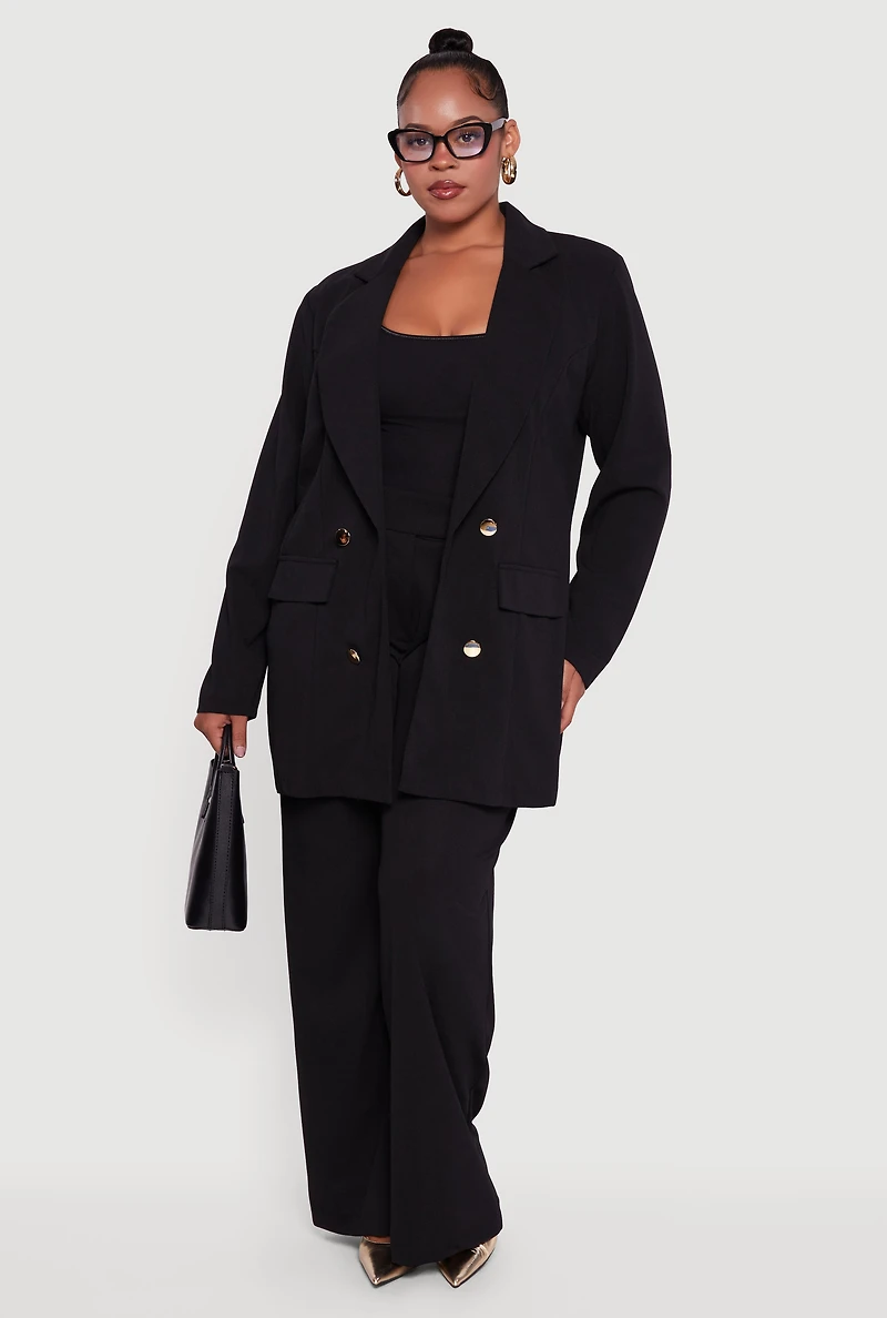 Womens Plus Size Oversized Shoulder Padded Crepe Knit Blazer, Black, Size 2X
