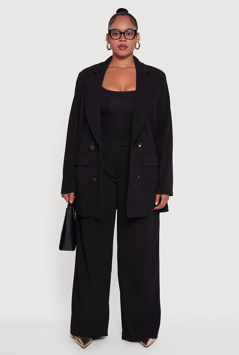 Womens Plus Size Oversized Shoulder Padded Crepe Knit Blazer, Black, Size 2X