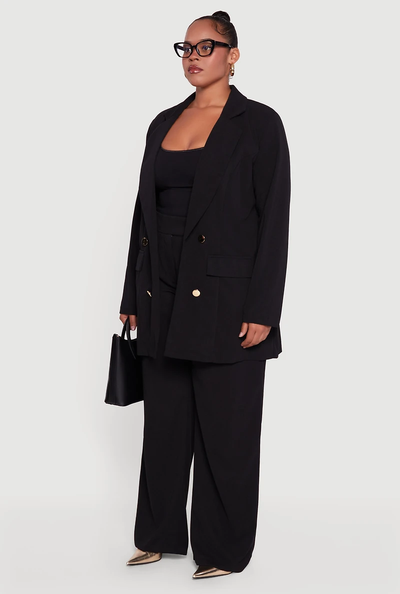 Womens Plus Size Oversized Shoulder Padded Crepe Knit Blazer, Black, Size 2X