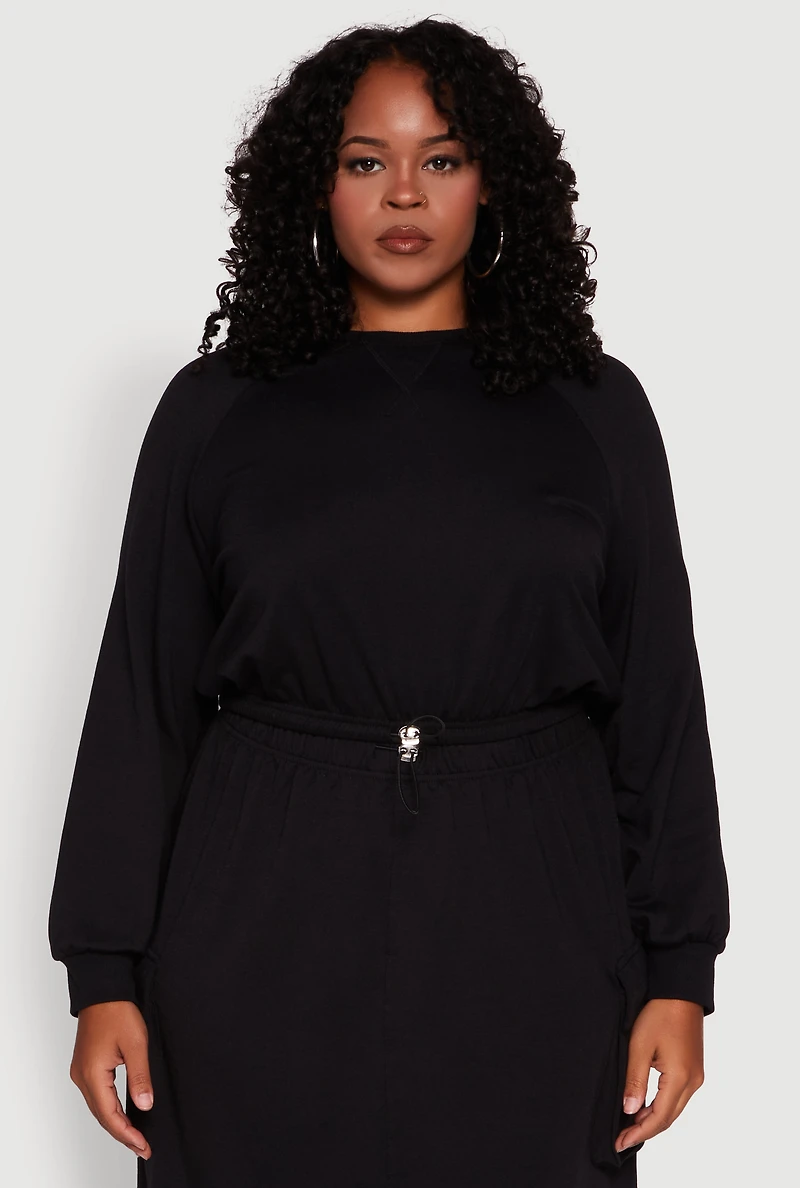 Womens Plus Size Pullover Sweatshirt with Toggle Drawstring Hem, Black, Size 1X