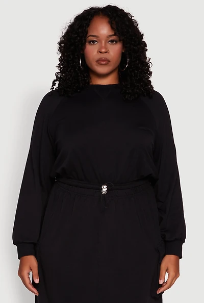 Womens Plus Size Pullover Sweatshirt with Toggle Drawstring Hem, Black, Size 1X