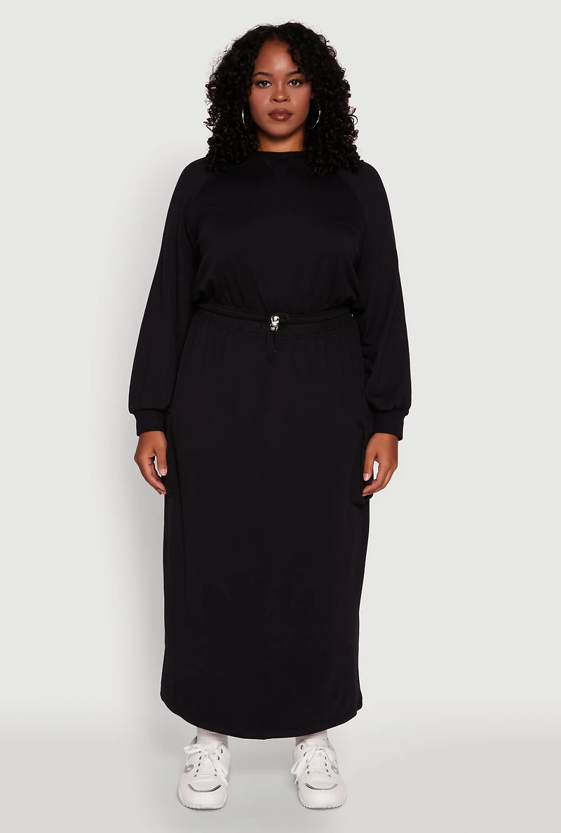 Womens Plus Size Pullover Sweatshirt with Toggle Drawstring Hem, Black, Size 1X
