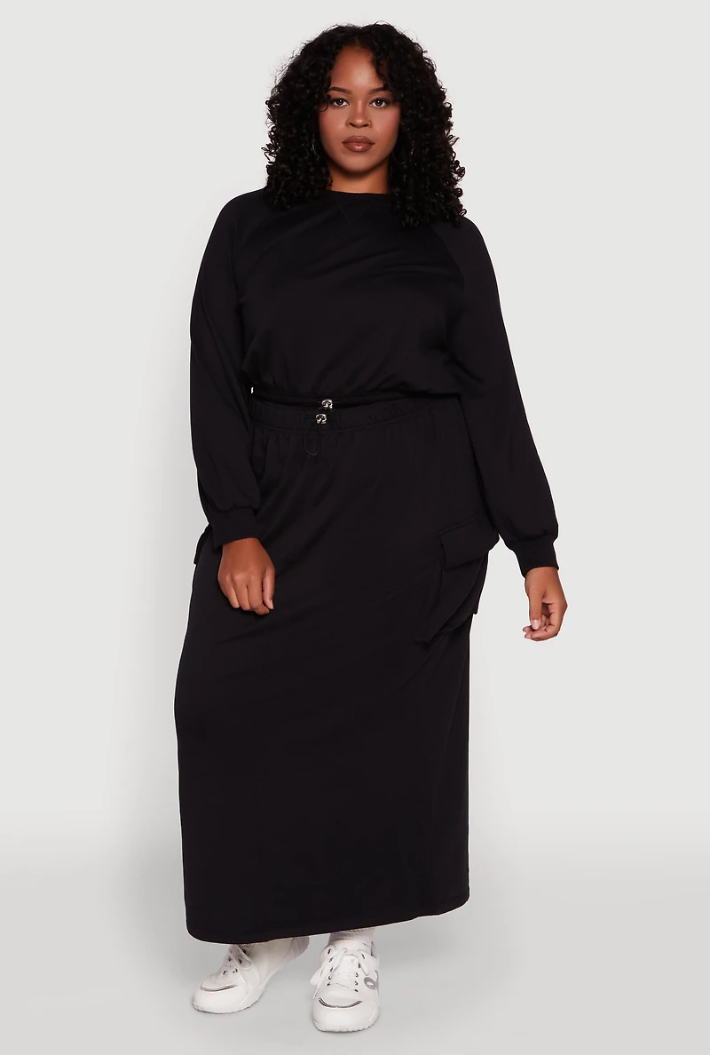Womens Plus Size Pullover Sweatshirt with Toggle Drawstring Hem, Black, Size 1X