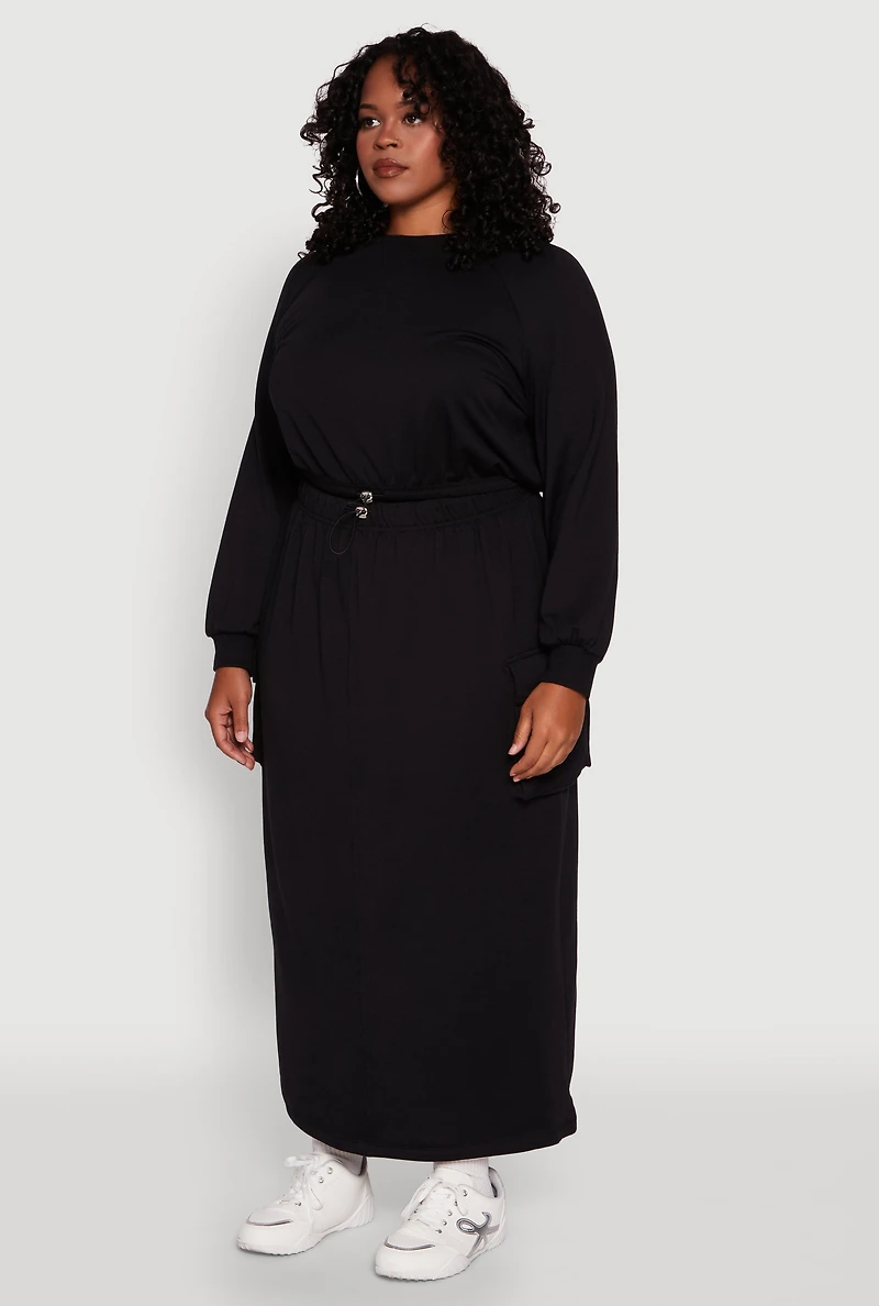 Womens Plus Size Pullover Sweatshirt with Toggle Drawstring Hem, Black, Size 1X
