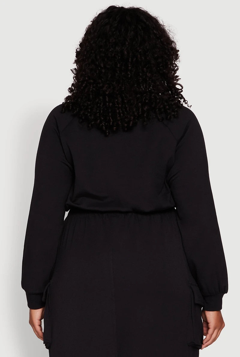 Womens Plus Size Pullover Sweatshirt with Toggle Drawstring Hem, Black, Size 1X