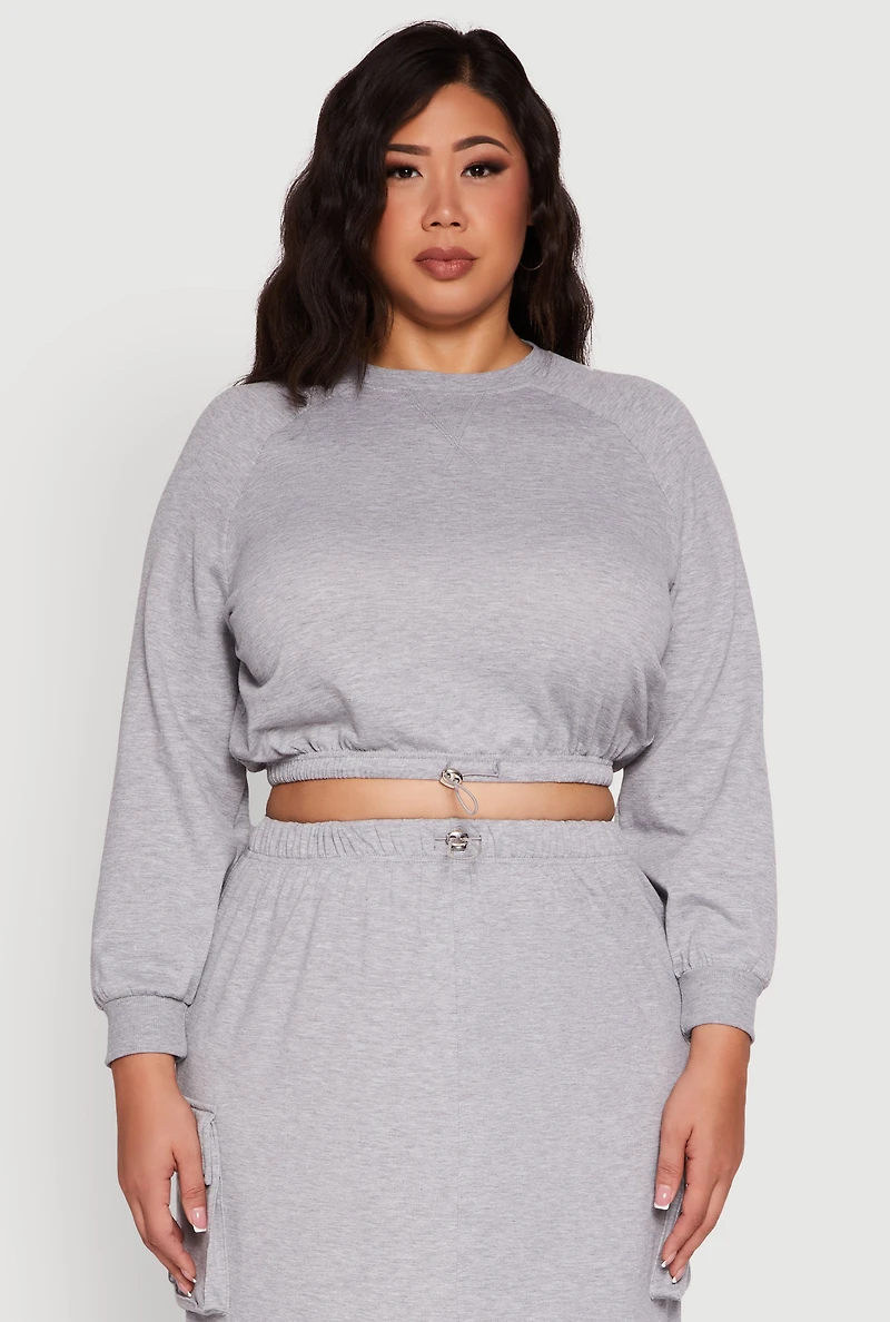 Womens Plus Pullover Sweatshirt with Toggle Drawstring Hem, Grey,