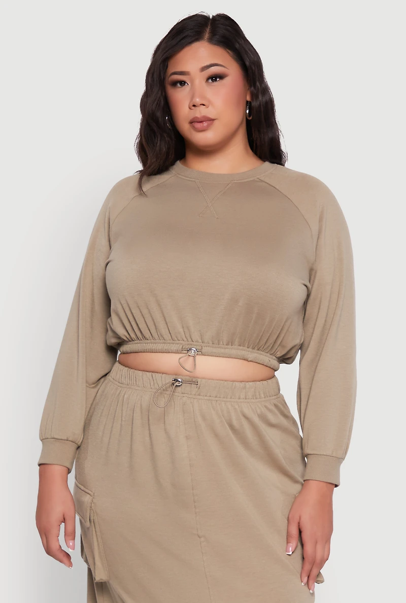 Womens Plus Size Pullover Sweatshirt with Toggle Drawstring Hem, Brown, Size 2X