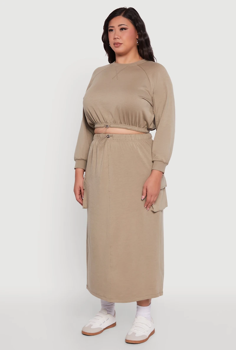 Womens Plus Size Pullover Sweatshirt with Toggle Drawstring Hem, Brown, Size 2X