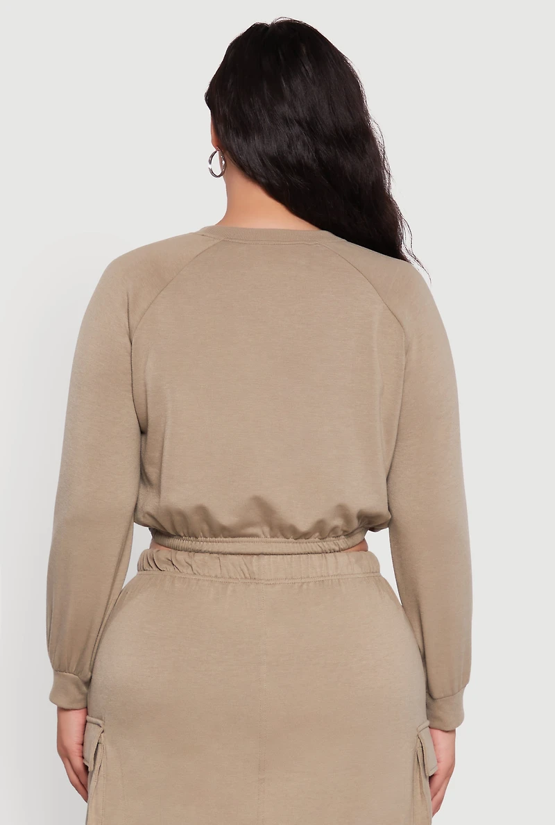 Womens Plus Size Pullover Sweatshirt with Toggle Drawstring Hem, Brown, Size 2X