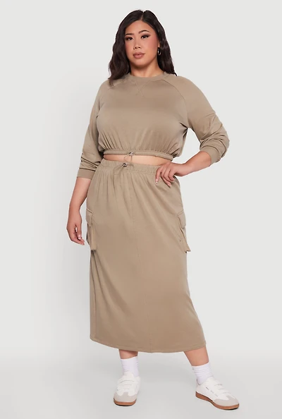 Womens Plus High Waisted Toggle Drawstring Cargo Skirt,