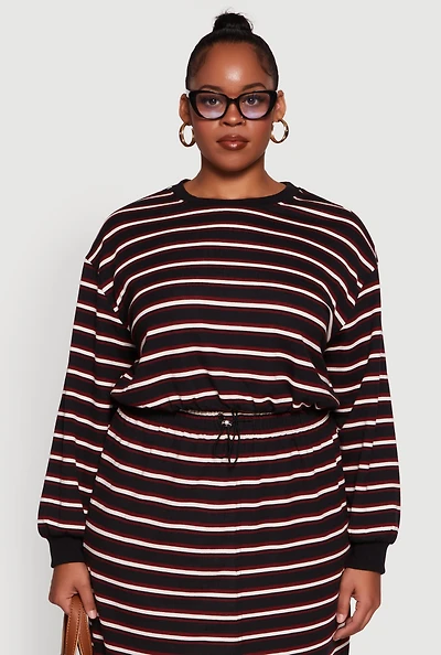 Womens Plus Striped Cropped Toggle Drawstring Hem Sweatshirt,