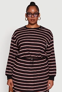 Plus Striped Cropped Toggle Drawstring Hem Sweatshirt