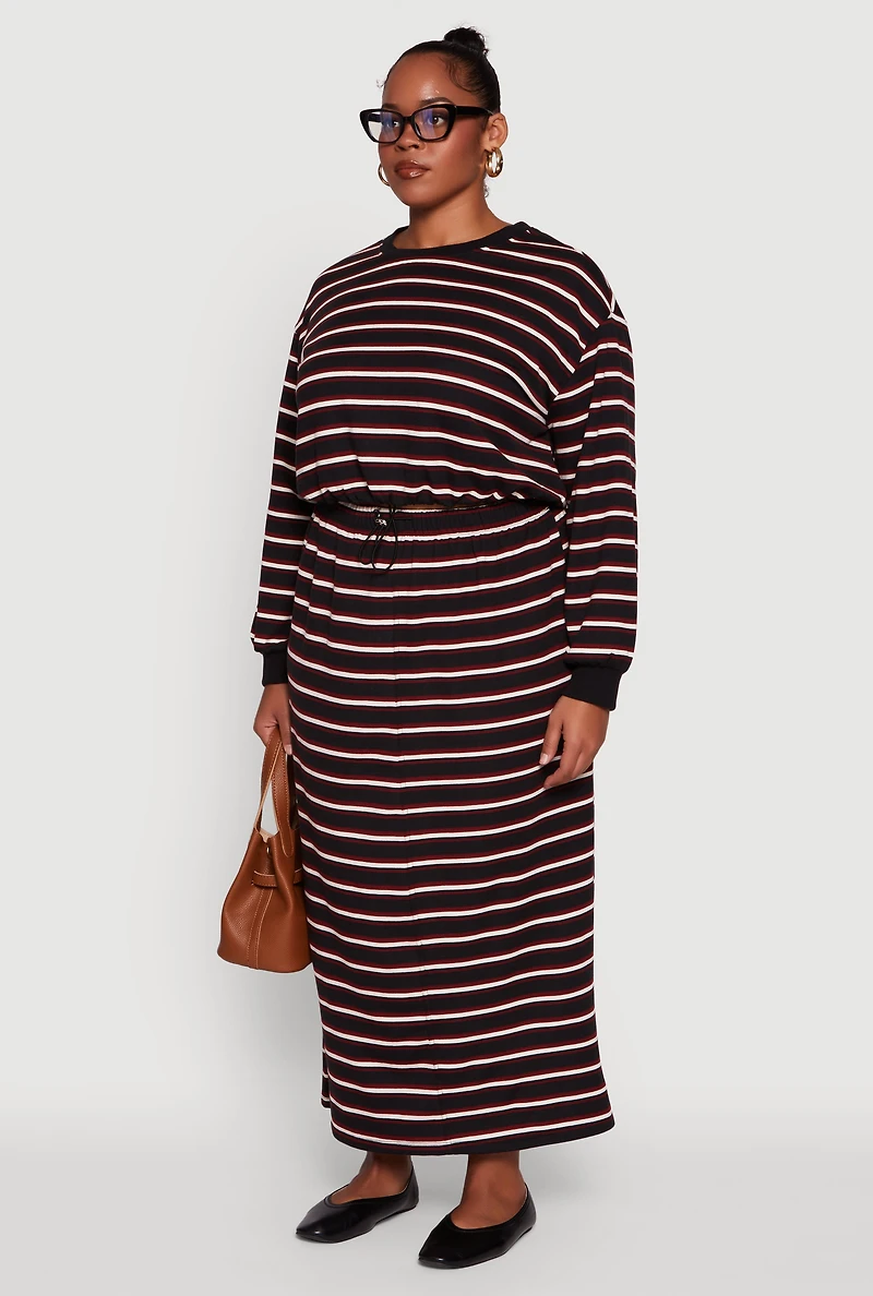 Plus Striped Cropped Toggle Drawstring Hem Sweatshirt