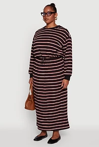 Plus Striped Cropped Toggle Drawstring Hem Sweatshirt