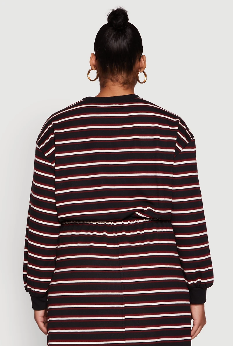 Womens Plus Striped Cropped Toggle Drawstring Hem Sweatshirt,
