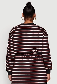 Womens Plus Striped Cropped Toggle Drawstring Hem Sweatshirt,