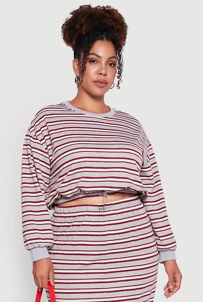 Womens Plus Size Striped Cropped Toggle Drawstring Hem Sweatshirt, Grey, Size 2X