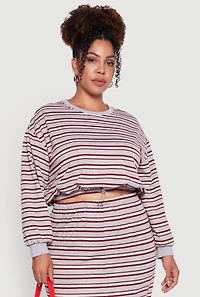 Womens Plus Size Striped Cropped Toggle Drawstring Hem Sweatshirt, Grey, Size 2X