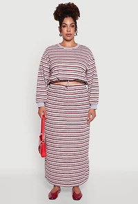 Womens Plus Size Striped Cropped Toggle Drawstring Hem Sweatshirt, Grey, Size 2X
