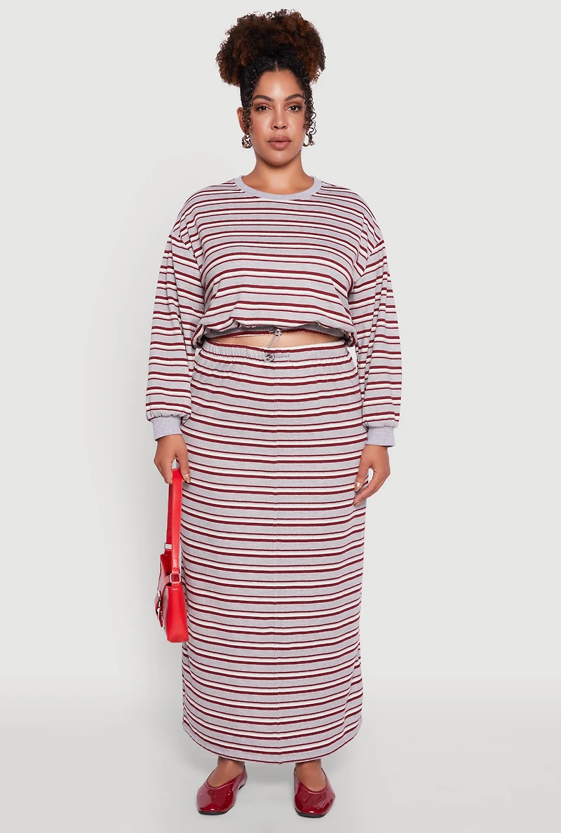 Womens Plus Striped Cropped Toggle Drawstring Hem Sweatshirt, Grey,