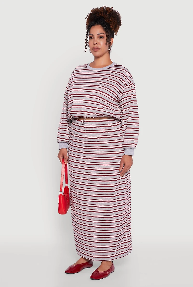 Womens Plus Size Striped Cropped Toggle Drawstring Hem Sweatshirt, Grey, Size 2X
