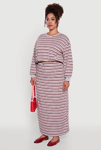Womens Plus Size Striped Cropped Toggle Drawstring Hem Sweatshirt, Grey, Size 2X