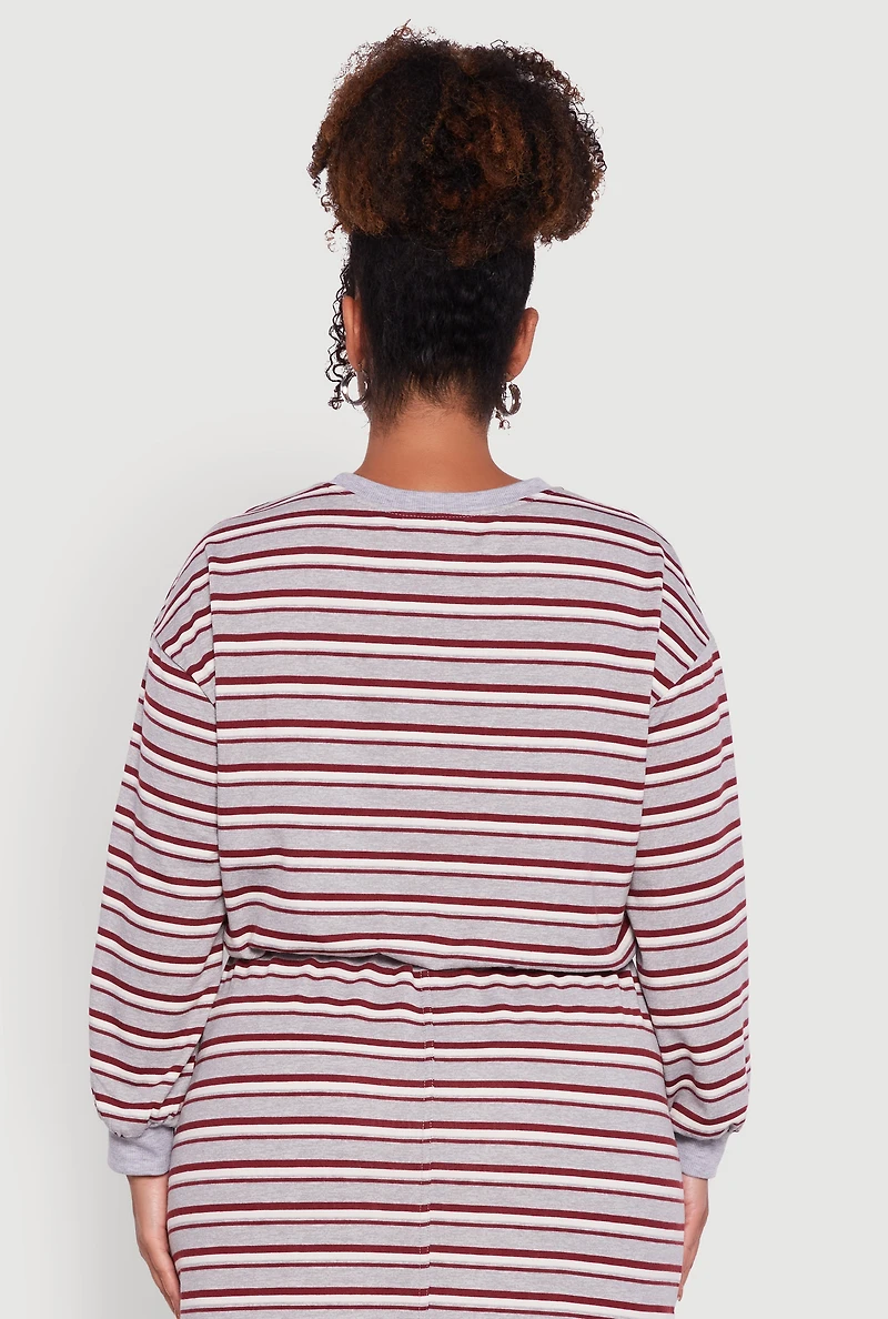 Womens Plus Size Striped Cropped Toggle Drawstring Hem Sweatshirt, Grey, Size 2X